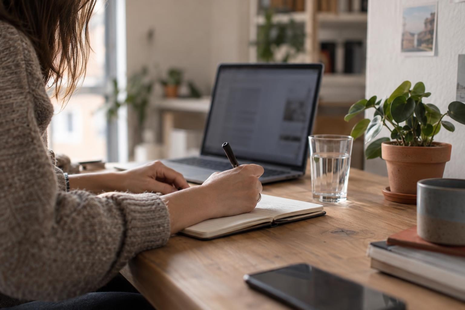 Woman taking notes at her desk next to a laptop with a draft
