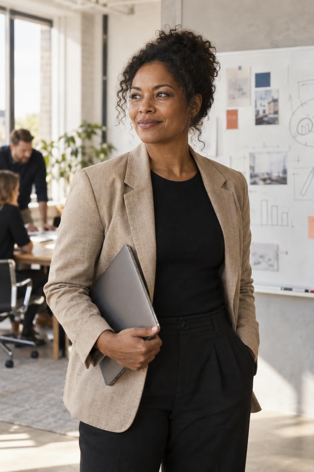 Head of marketing standing in the office with a laptop, looking out of the window