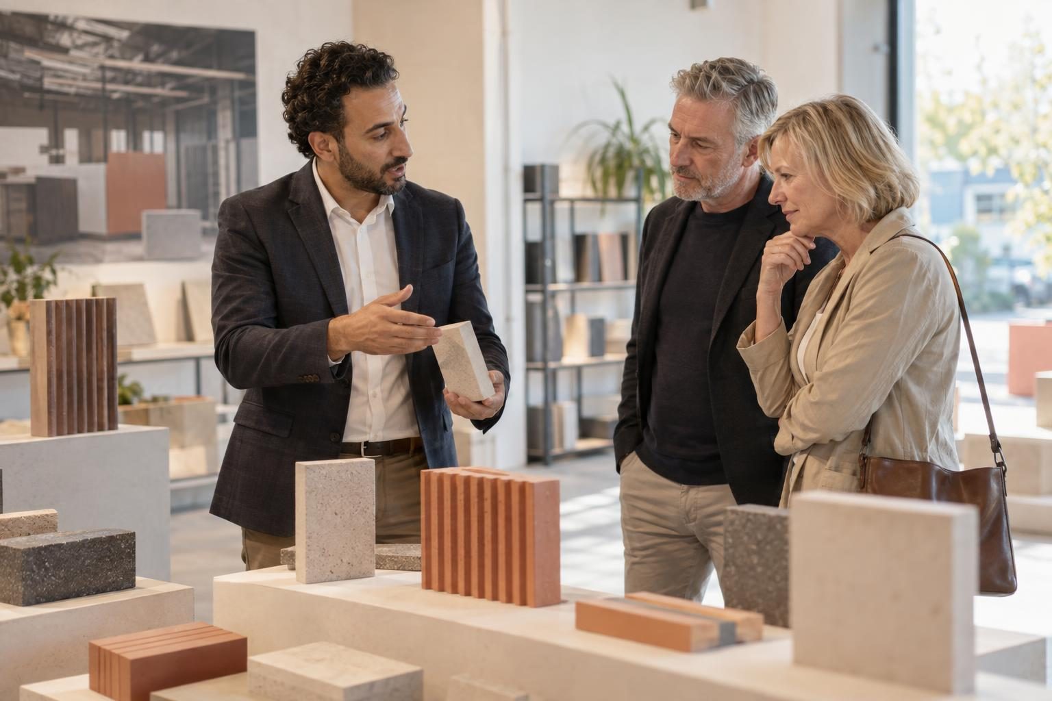 Consultant showing a couple material samples in a showroom