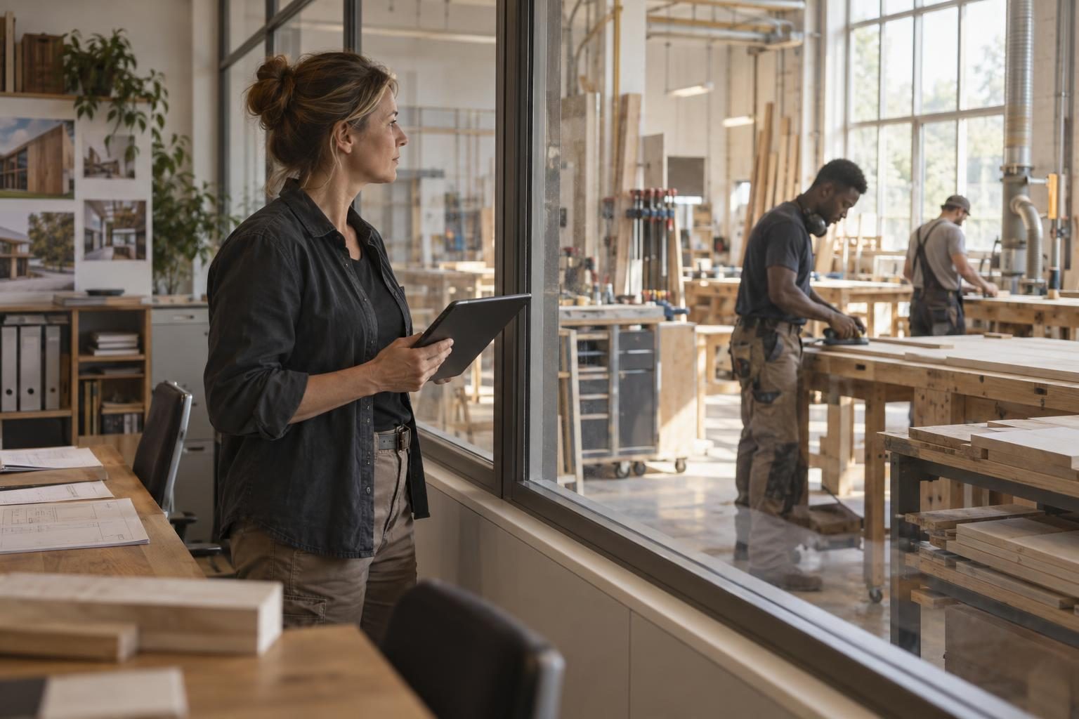 Woman with a tablet in an office overlooking a workshop